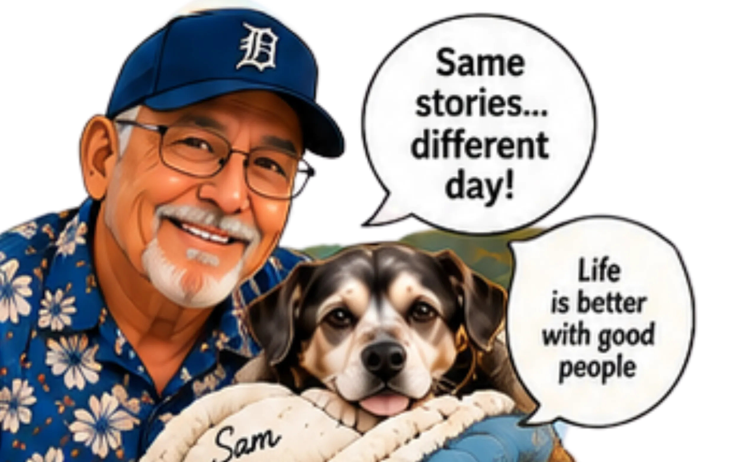 Jack in a navy cap with his dog Sam. Speech bubbles read “Same stories… different day!” and “Life is better with good people.”